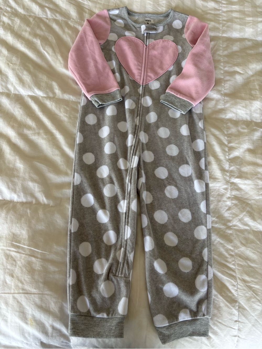 Carter’s Girls 4T Fleece Full Zip Sleeper Pajamas Polka Dot Heart Gray